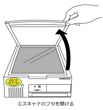 イラスト:イメージスキャナのフタを開けるところ